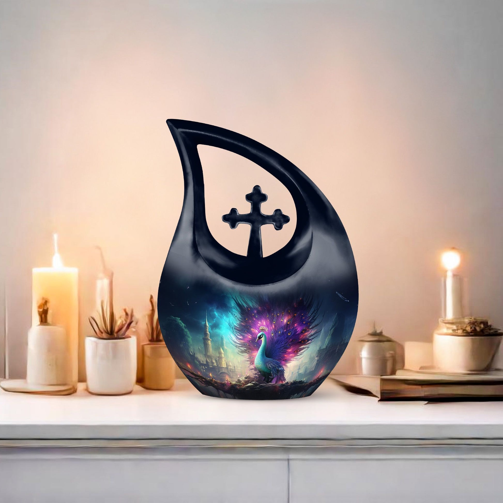 Peacock urn with Cross Drop design