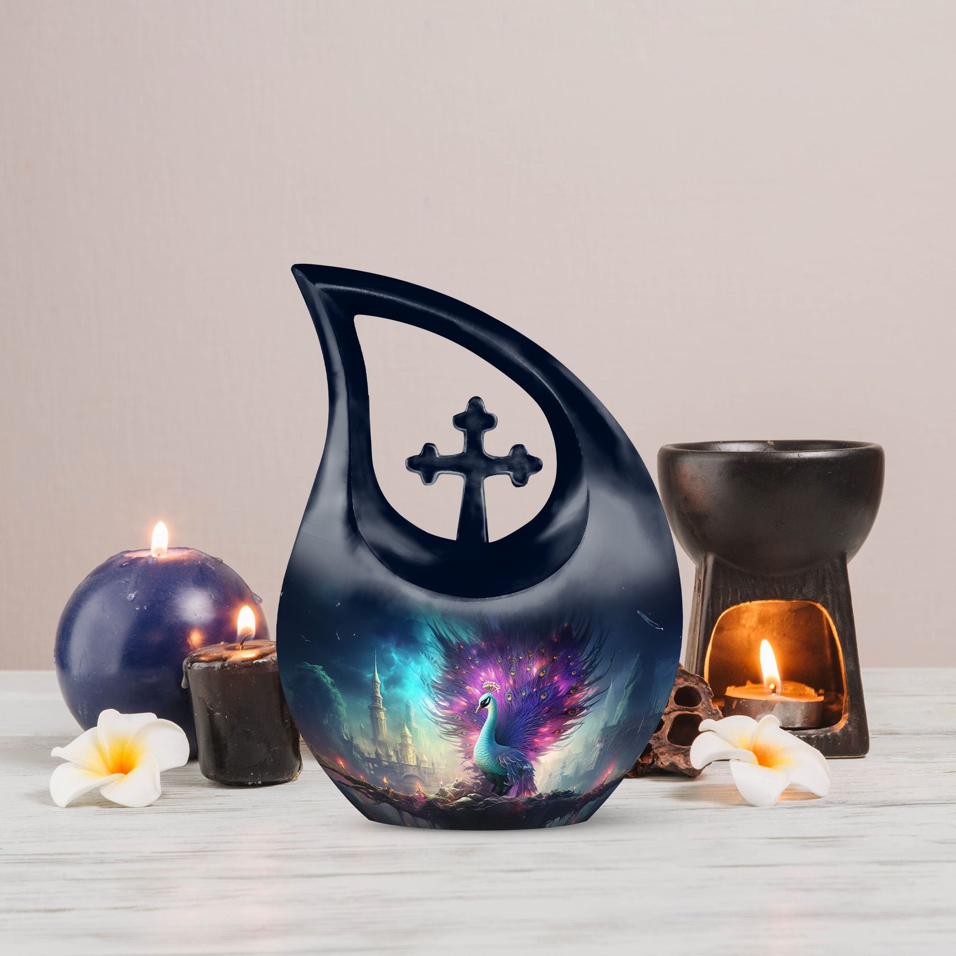 Peacock urn with Cross Drop design