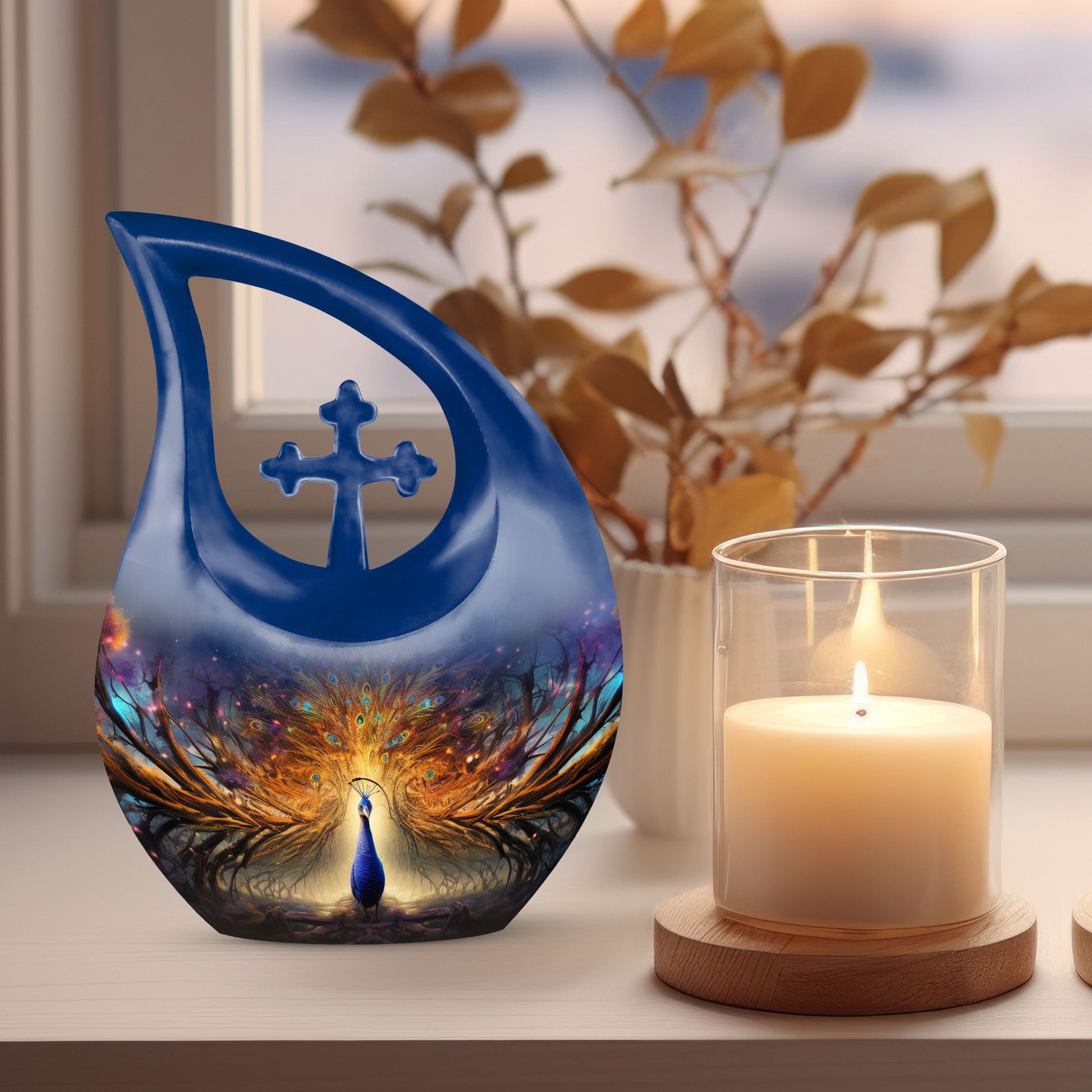 Cross Drop Peacock Urn, a Large Cremation Container 