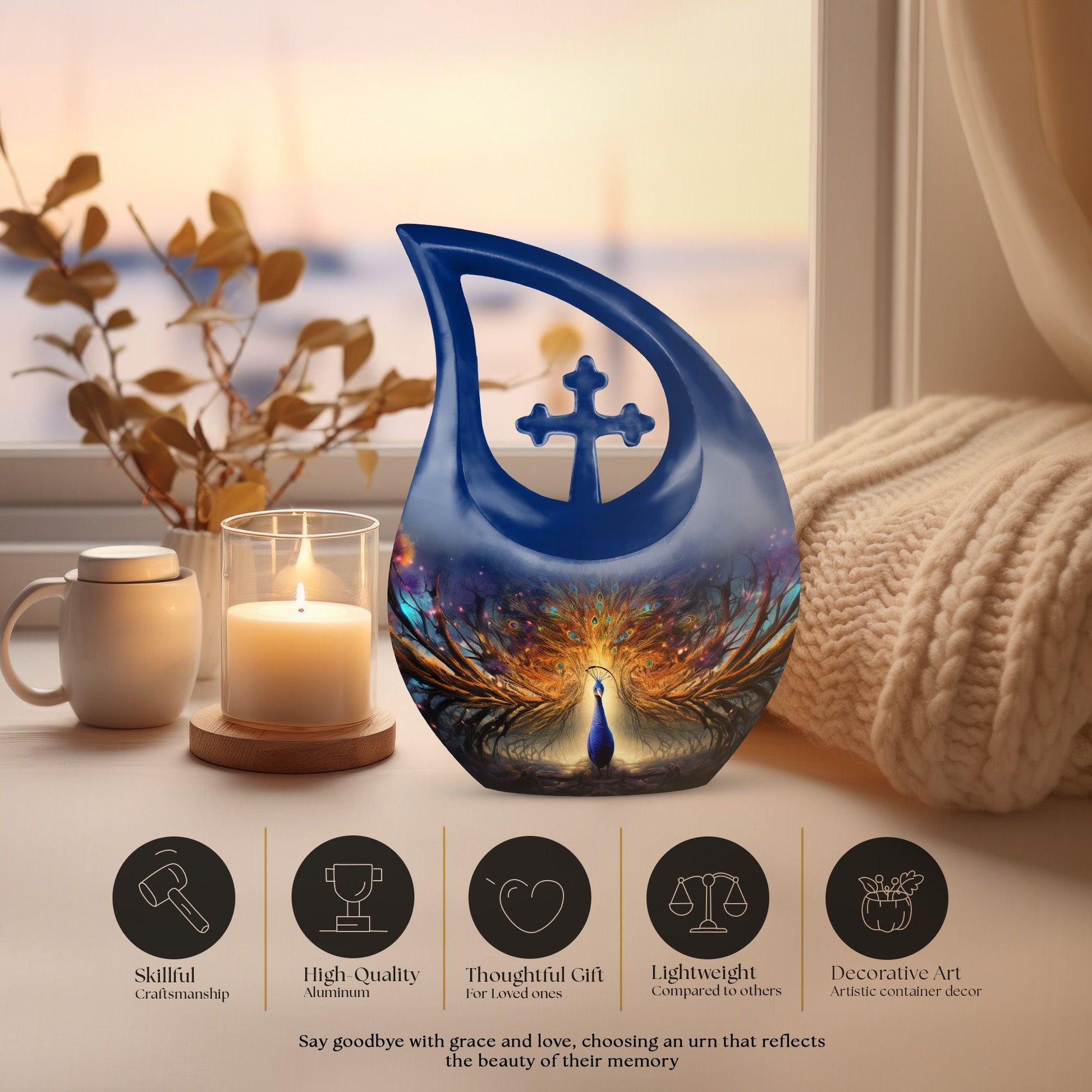 Cross Drop Peacock Urn, a Large Cremation Container 