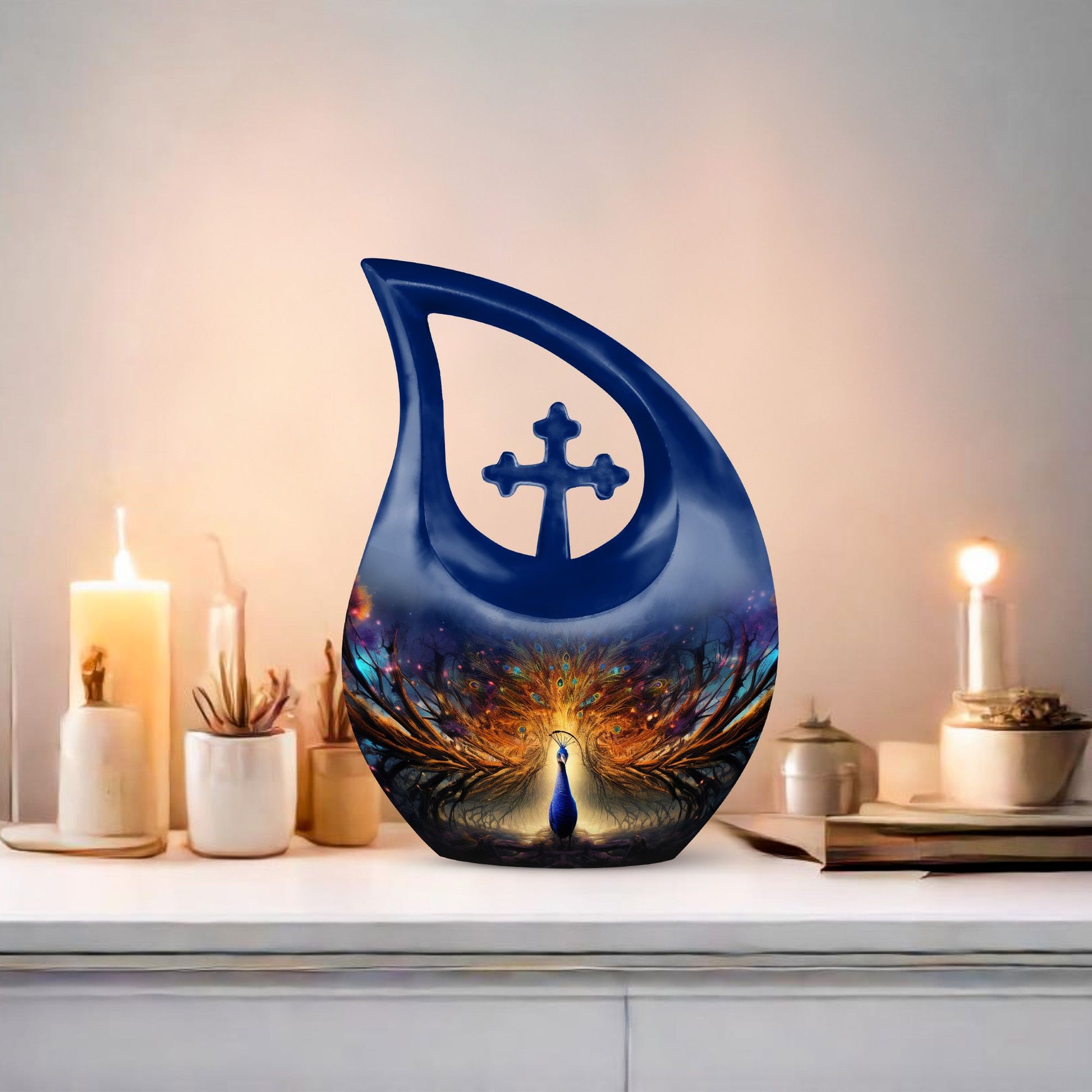 Cross Drop Peacock Urn, a Large Cremation Container 