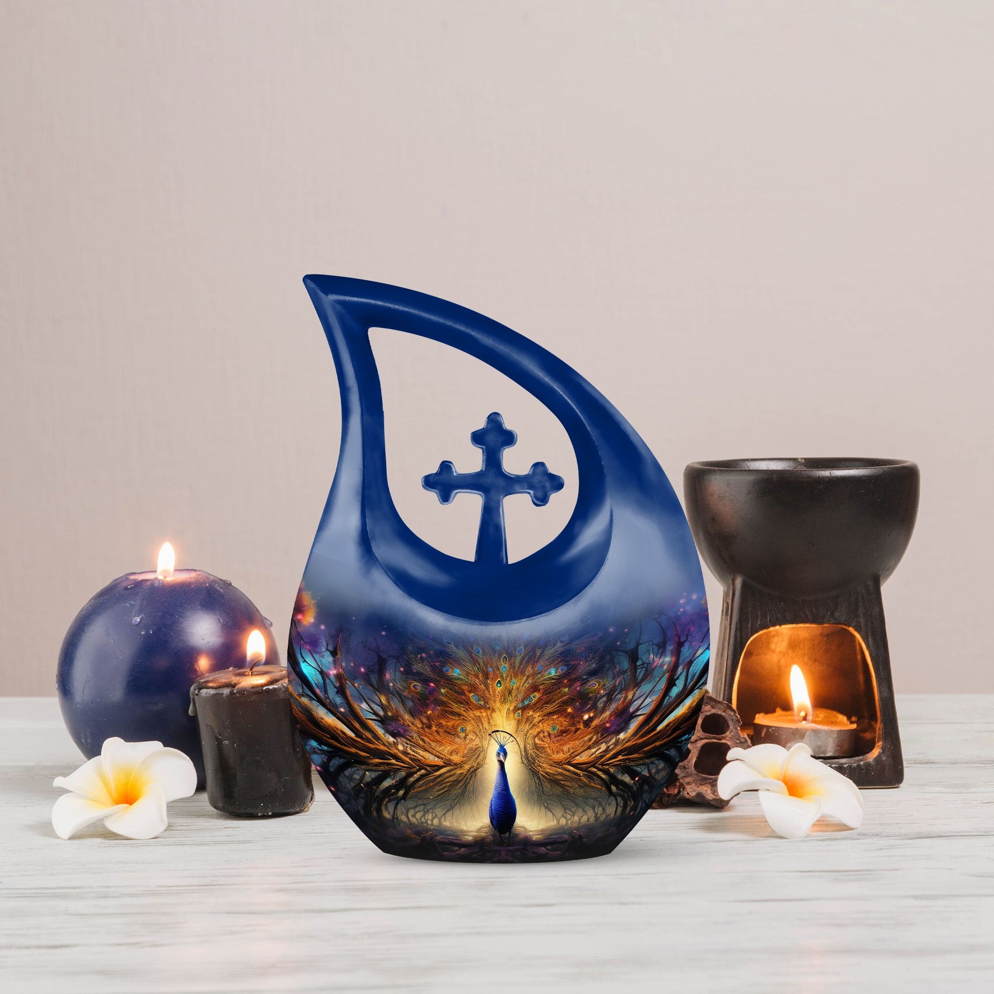 Cross Drop Peacock Urn, a Large Cremation Container 