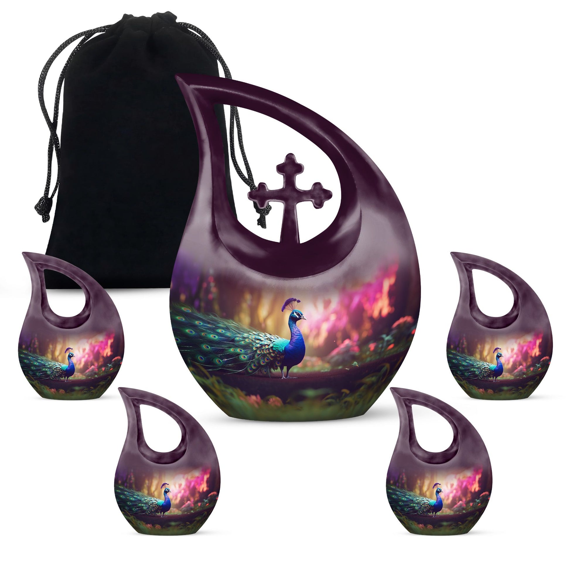 10 Inch Peacock Themed Cross Drop Urn for Ashes,