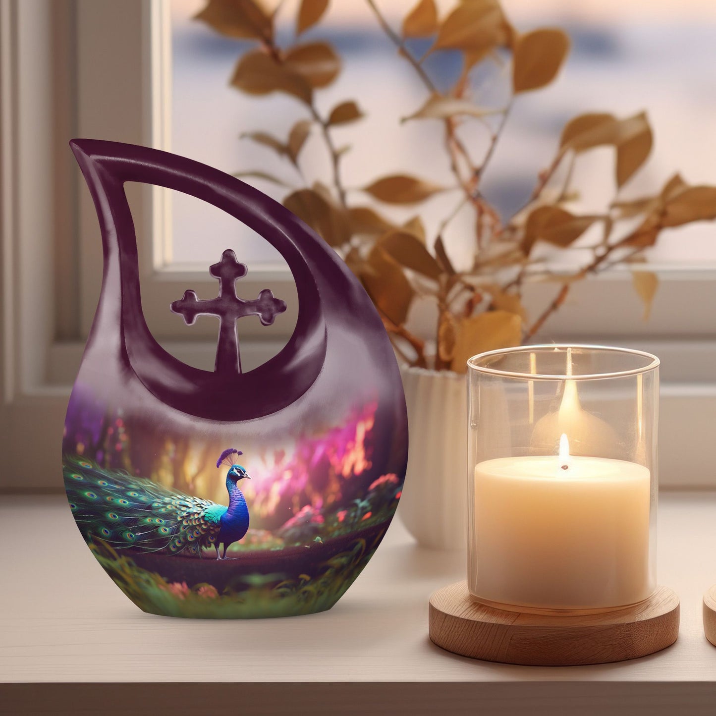 10 Inch Peacock Themed Cross Drop Urn for Ashes,