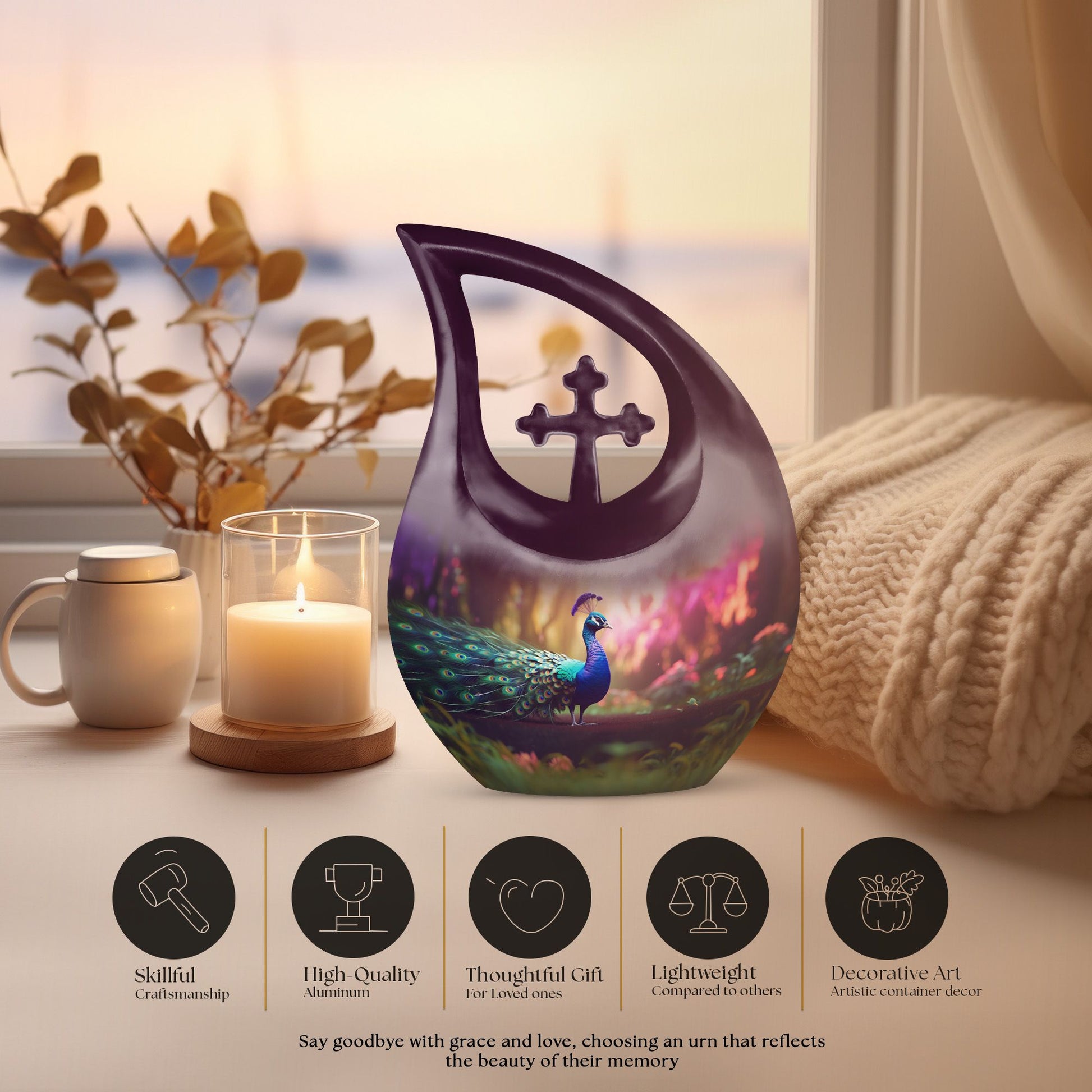 10 Inch Peacock Themed Cross Drop Urn for Ashes,