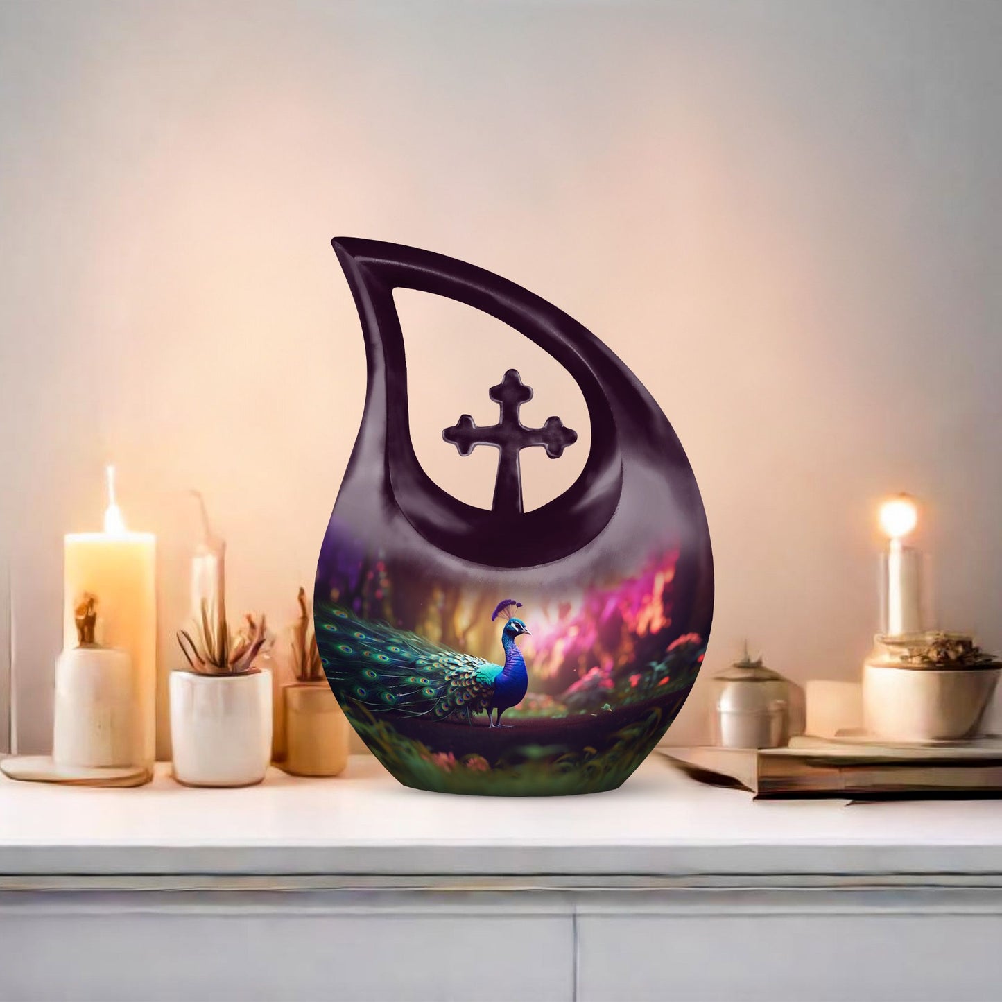 10 Inch Peacock Themed Cross Drop Urn for Ashes,