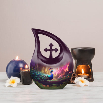 10 Inch Peacock Themed Cross Drop Urn for Ashes,