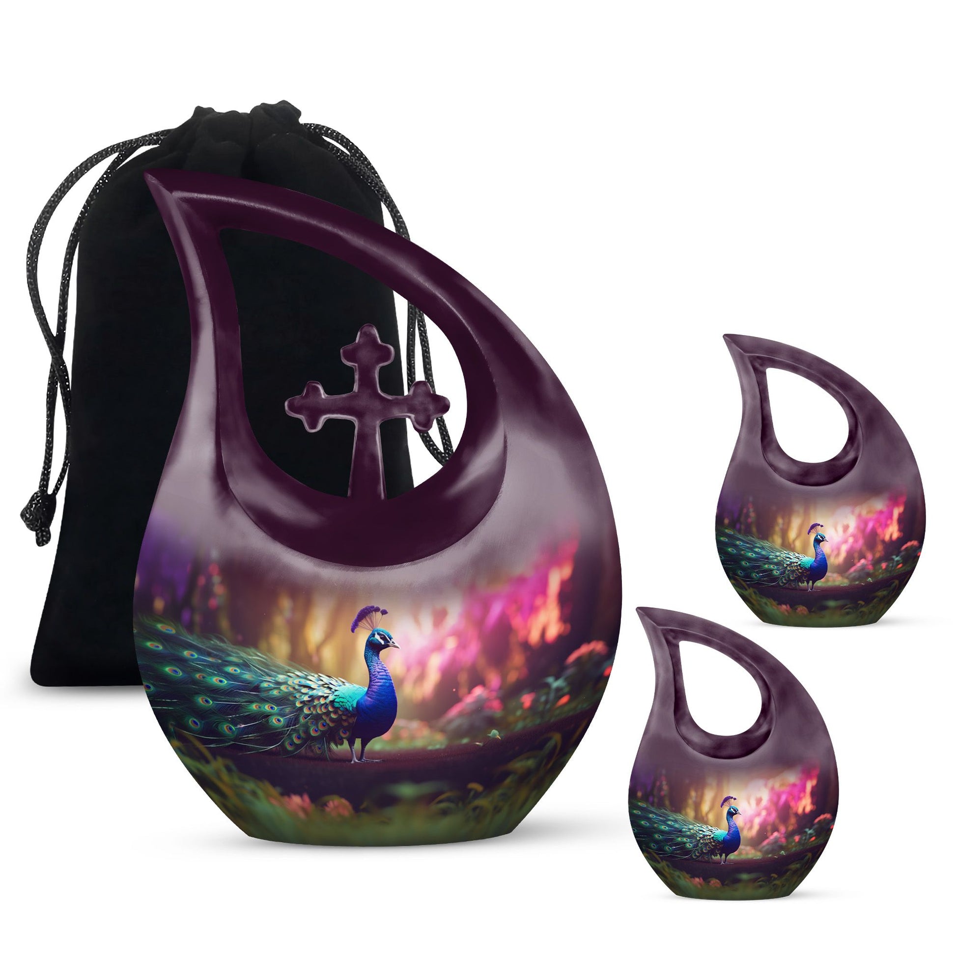 10 Inch Peacock Themed Cross Drop Urn for Ashes,