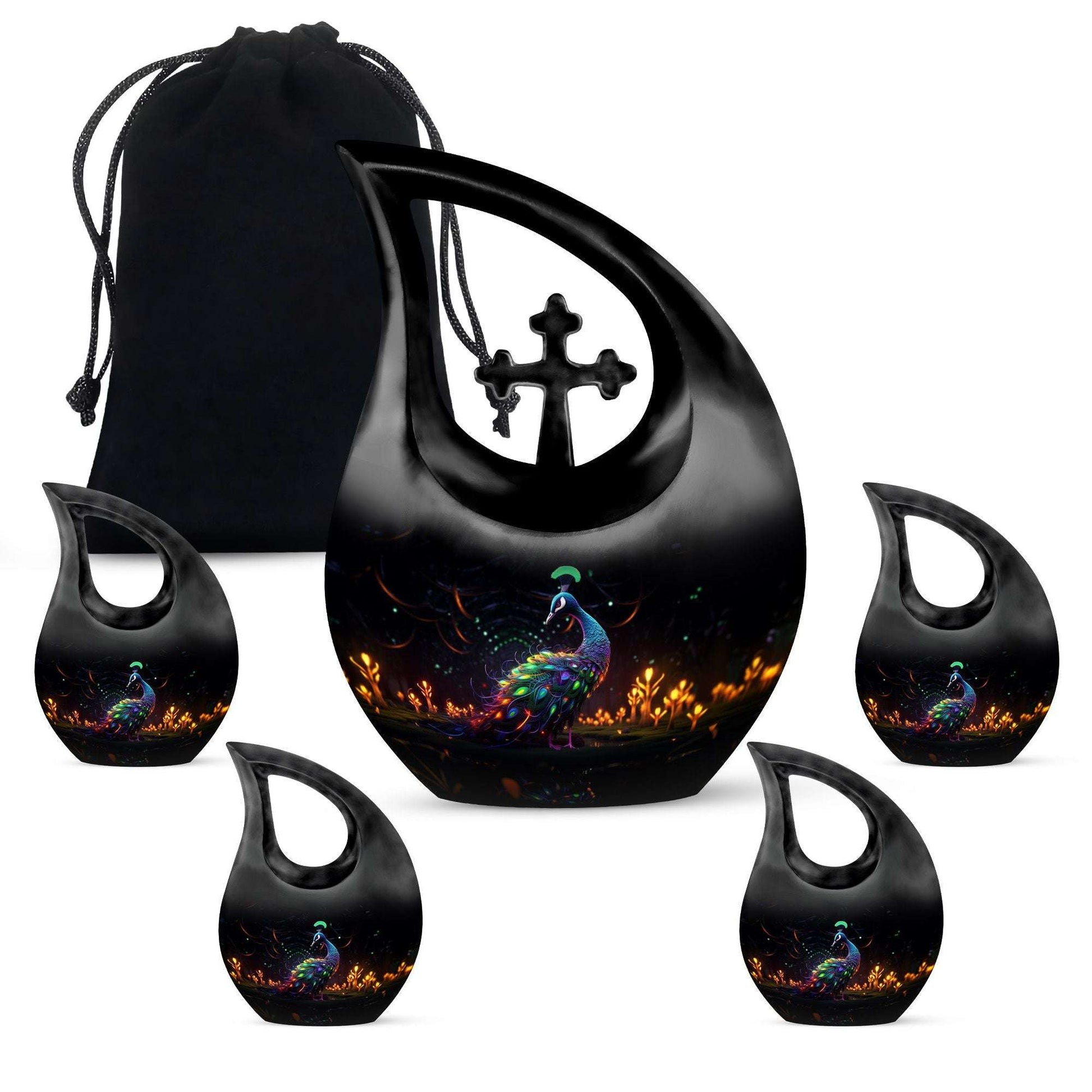 10 inch Peacock Urn for Human Ashes, Cross Drop Design, 