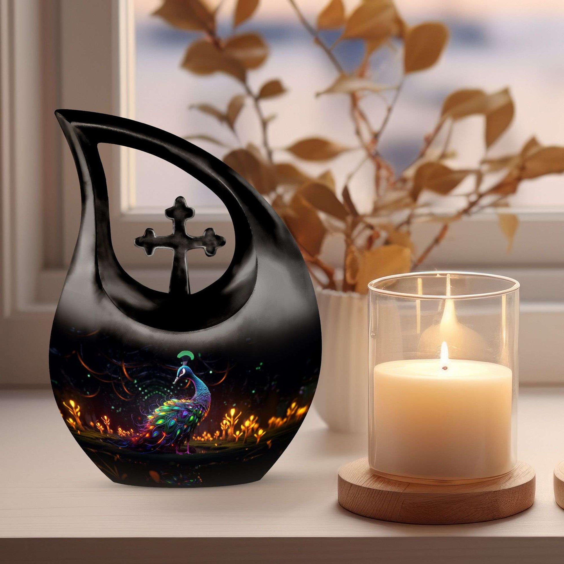 10 inch Peacock Urn for Human Ashes, Cross Drop Design, 