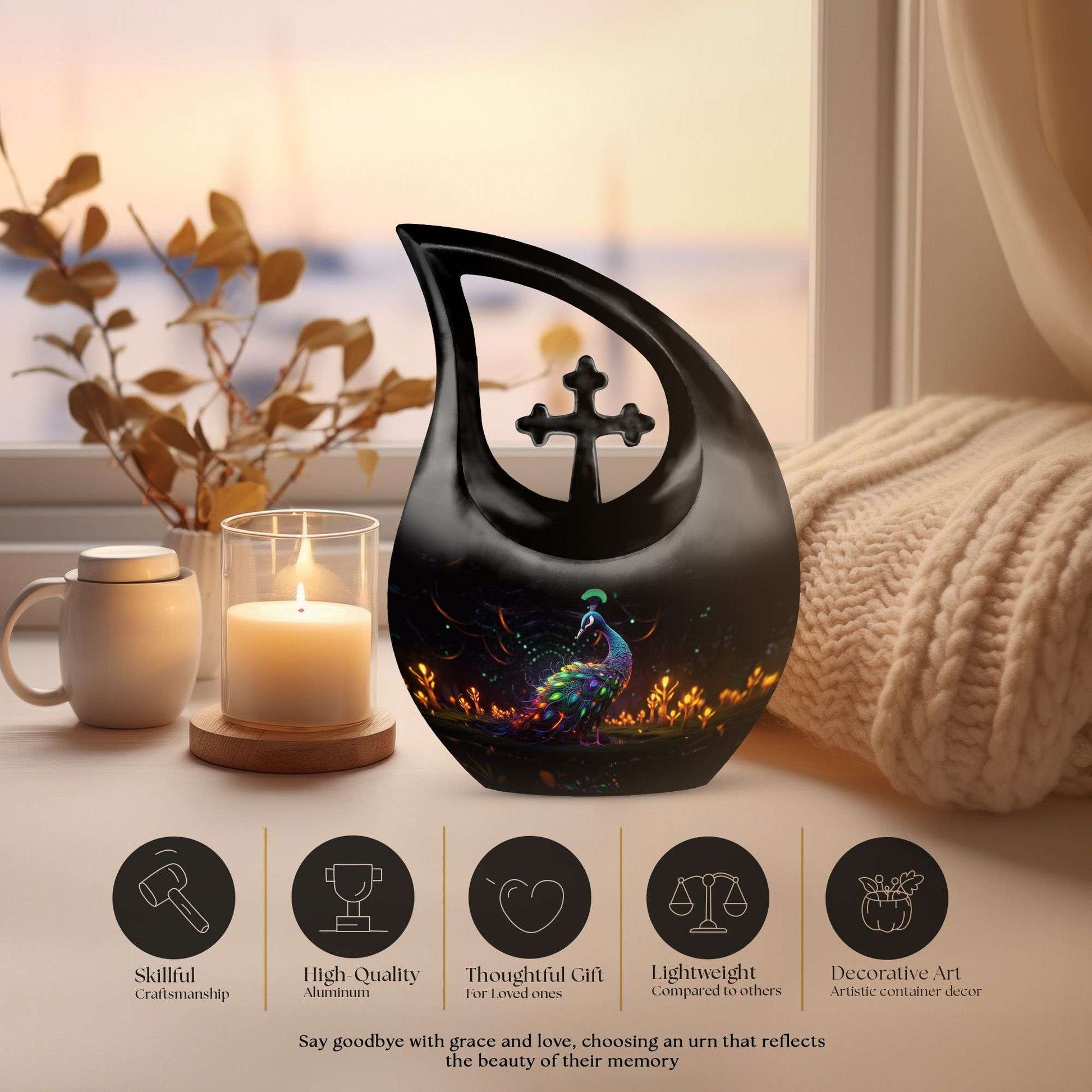 10 inch Peacock Urn for Human Ashes, Cross Drop Design, 