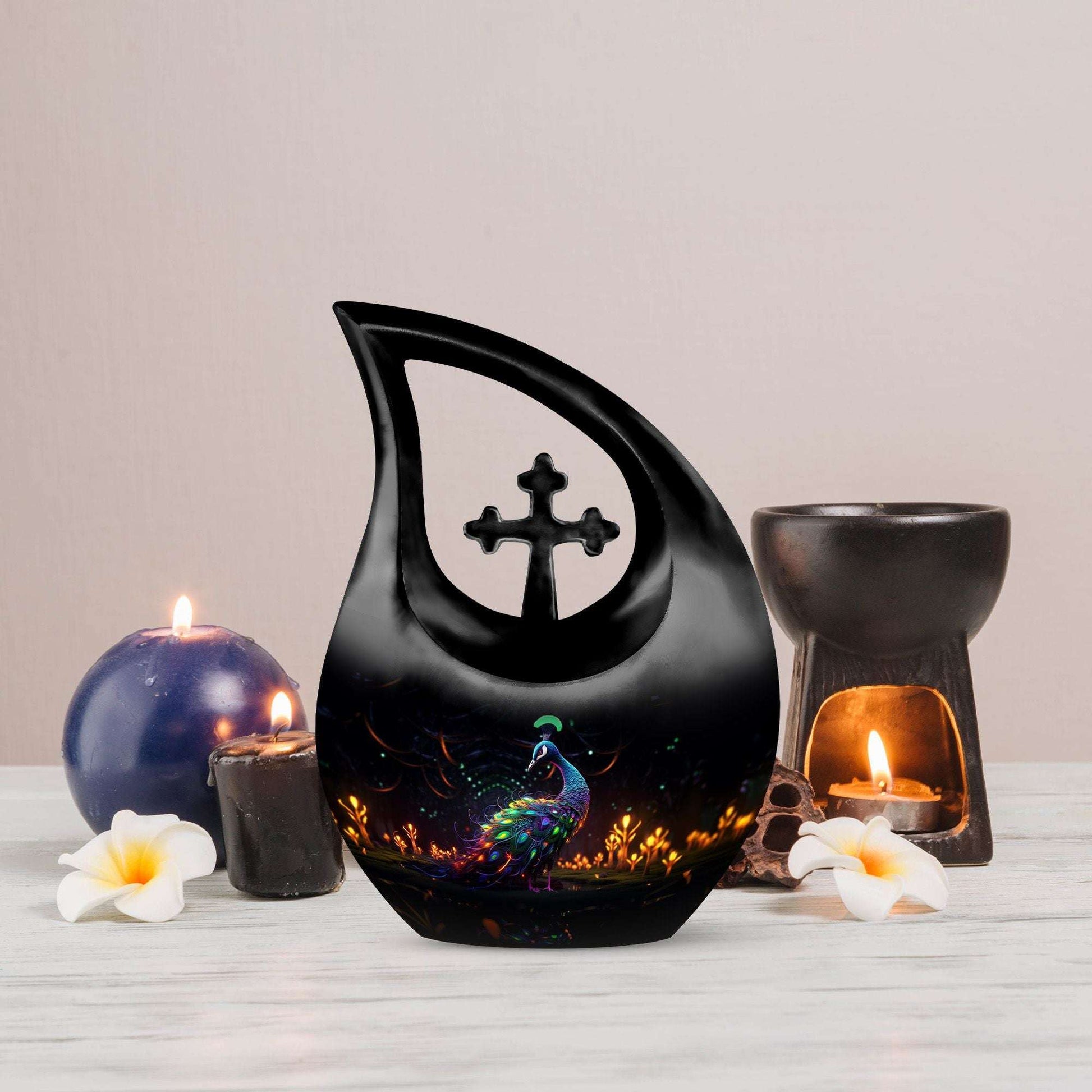 10 inch Peacock Urn for Human Ashes, Cross Drop Design, 
