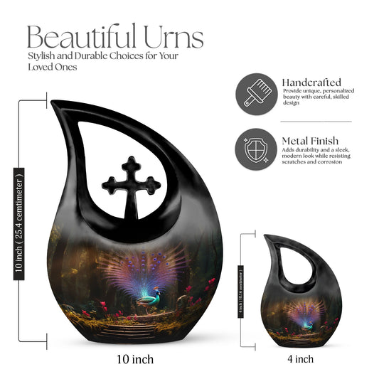Peacock Cross Drop Urn for human ashes