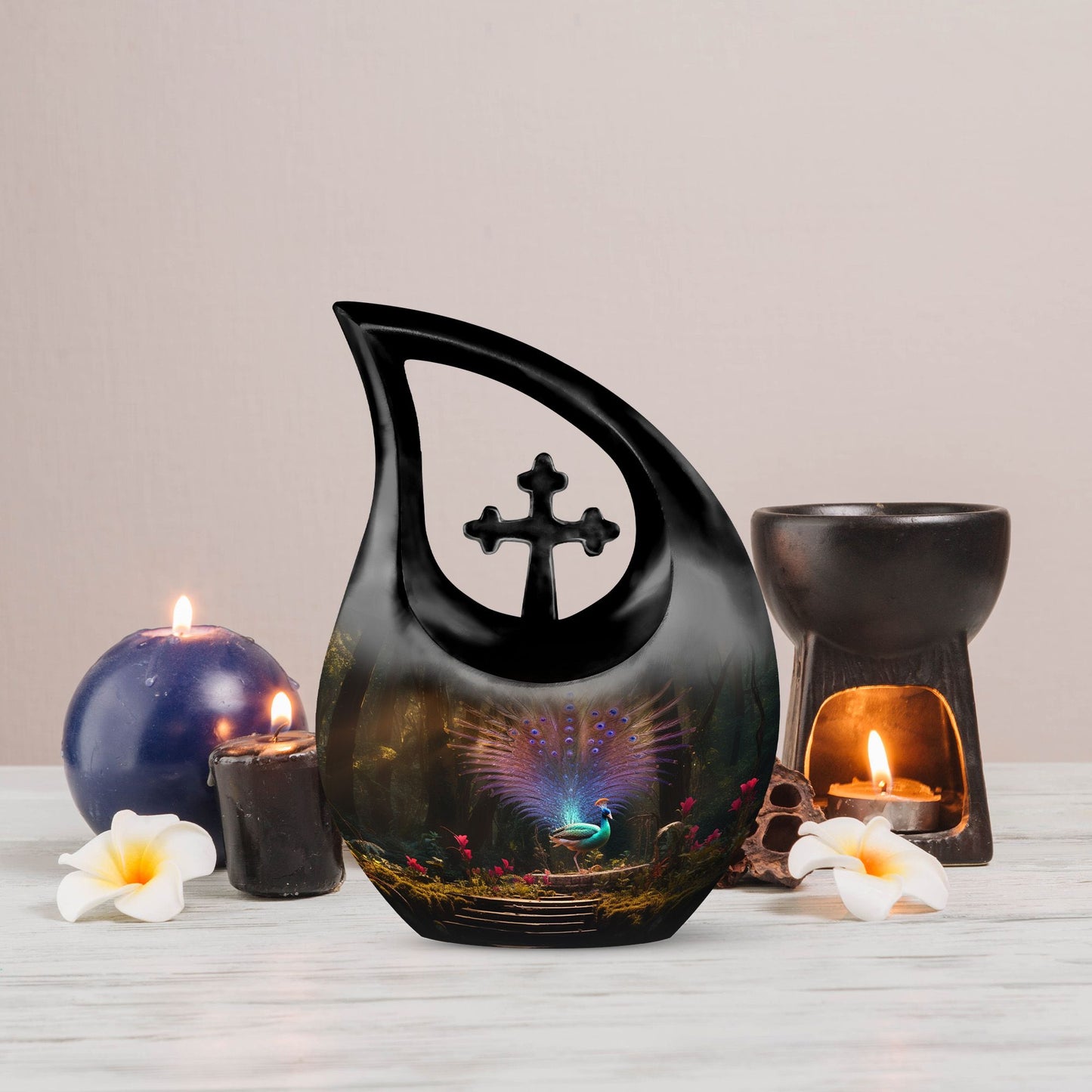 Peacock Cross Drop Urn for human ashes