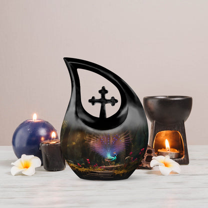 Peacock Cross Drop Urn for human ashes