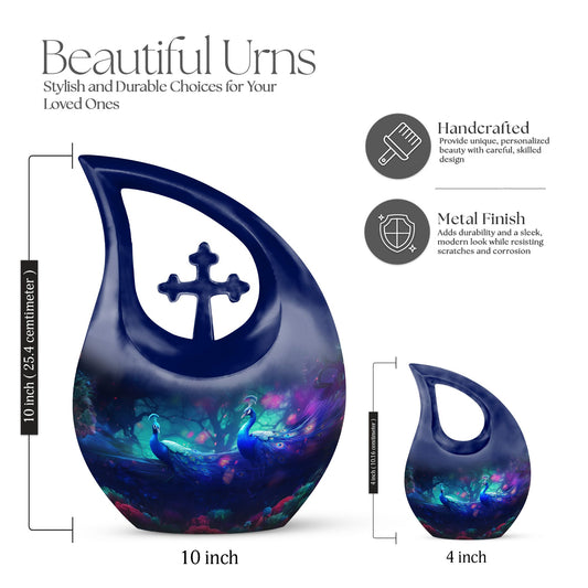 Peacock themed memorial urn for ashes