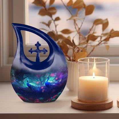 Peacock themed memorial urn for ashes