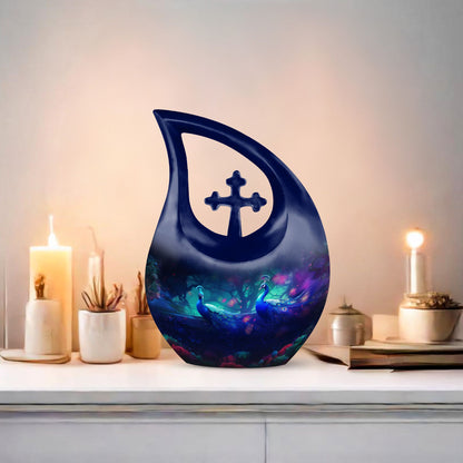 Peacock themed memorial urn for ashes