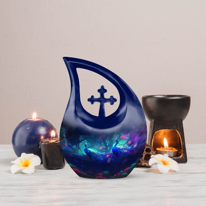 Peacock themed memorial urn for ashes
