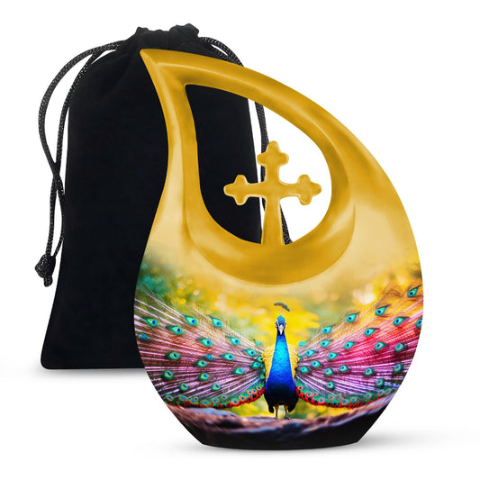 Peacock-themed memorial urn
