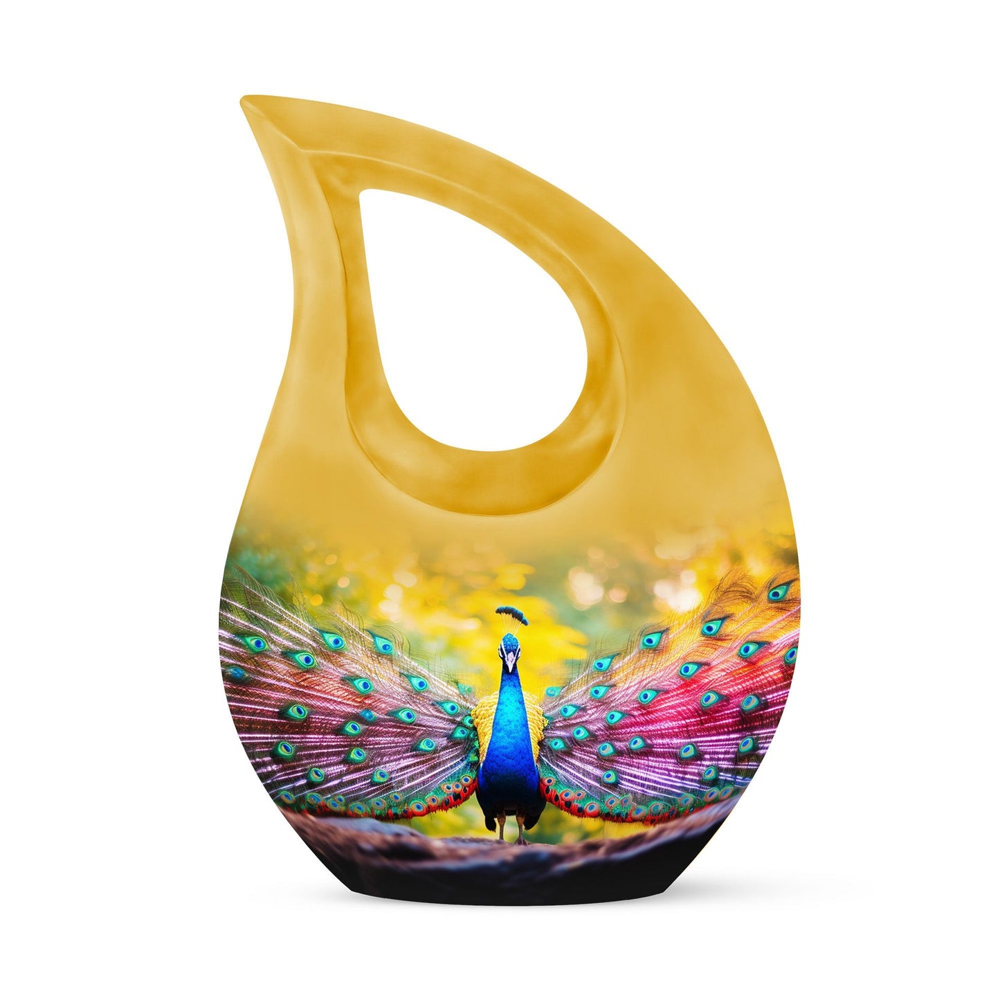 Peacock-themed memorial urn