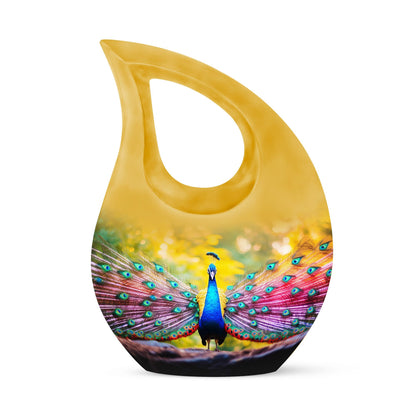 Peacock-themed memorial urn