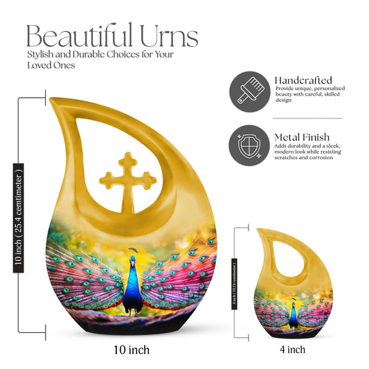 Peacock-themed memorial urn