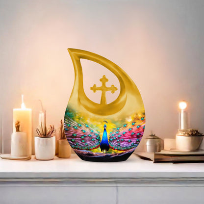 Peacock-themed memorial urn