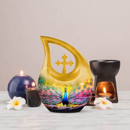 Peacock-themed memorial urn