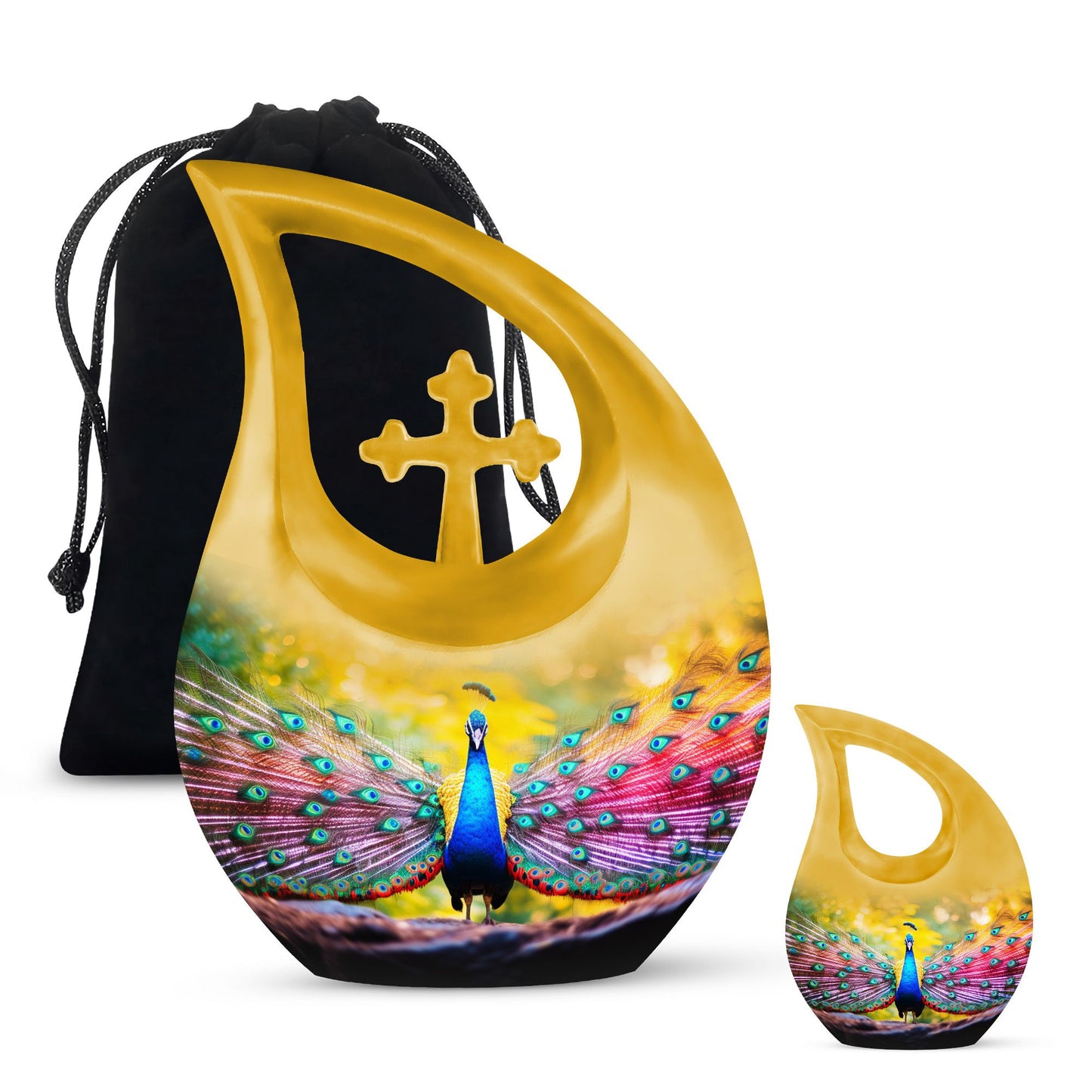 Peacock-themed memorial urn