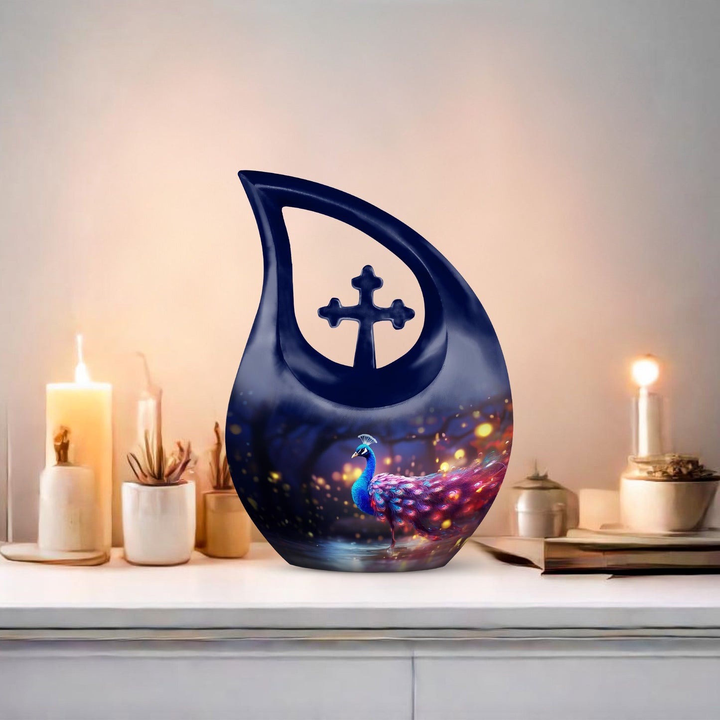 Peacock themed cremation urn