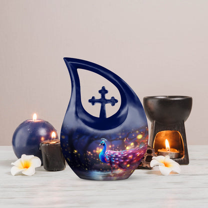 Peacock themed cremation urn