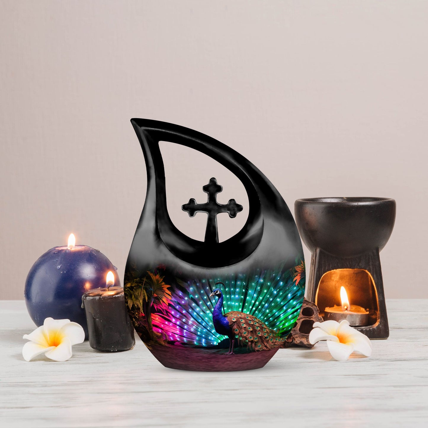 Cross Drop design Peacock Urn for ashes
