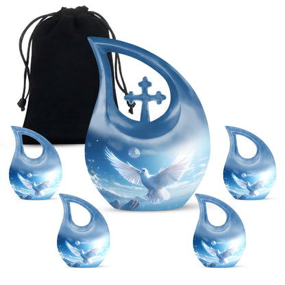 Blue 10-inch Dove Bird Urn with Cross Drop