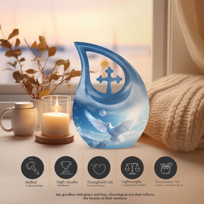 Blue 10-inch Dove Bird Urn with Cross Drop