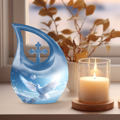Blue 10-inch Dove Bird Urn with Cross Drop
