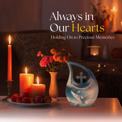Blue 10-inch Dove Bird Urn with Cross Drop