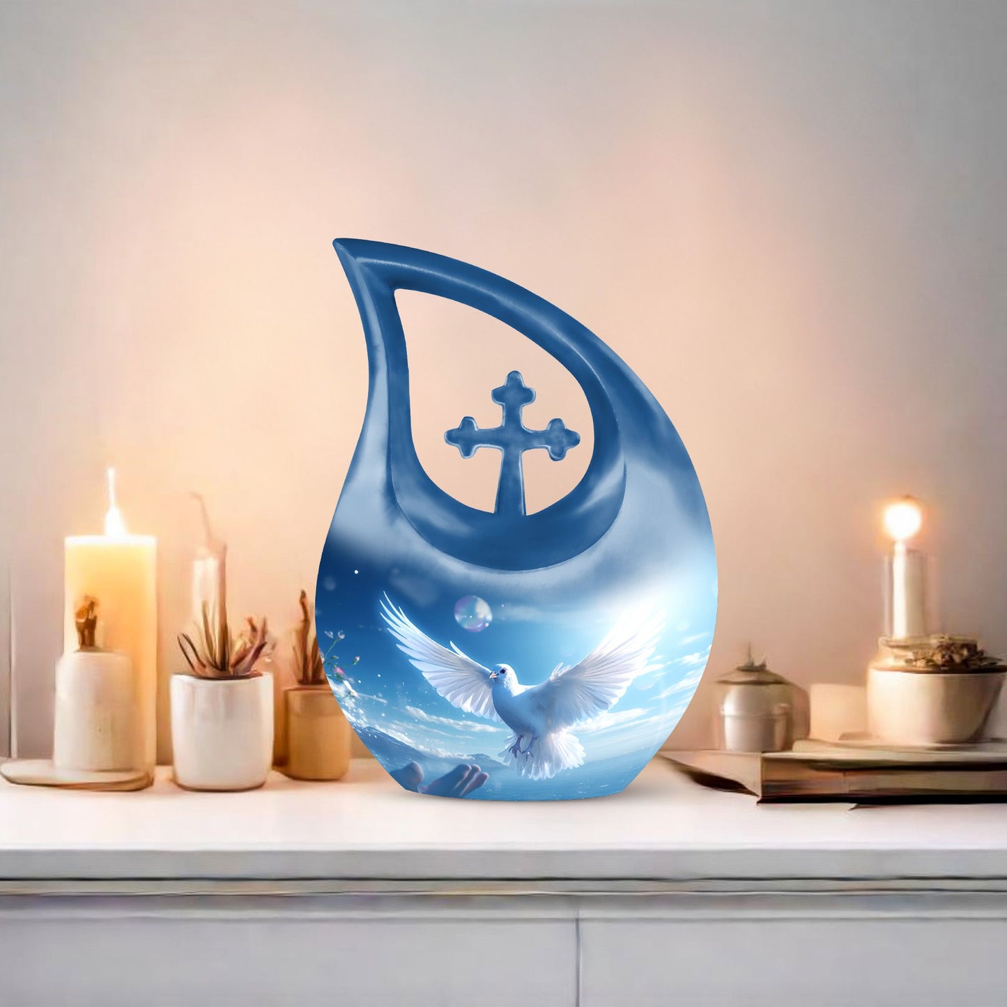 Blue 10-inch Dove Bird Urn with Cross Drop