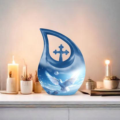 Blue 10-inch Dove Bird Urn with Cross Drop