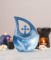 Blue 10-inch Dove Bird Urn with Cross Drop