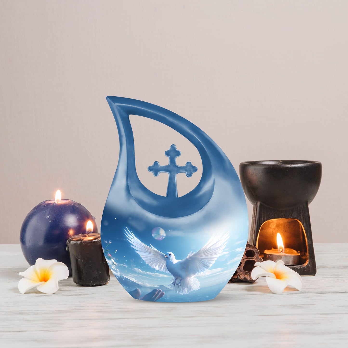 Blue 10-inch Dove Bird Urn with Cross Drop