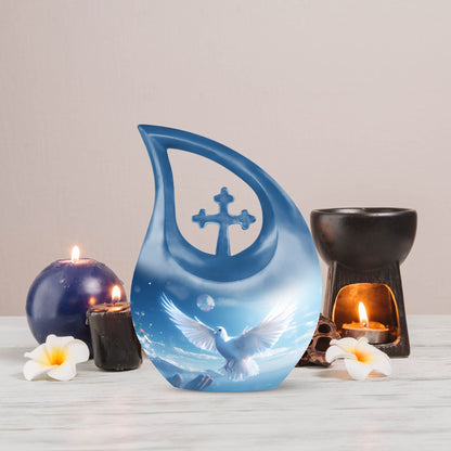 Blue 10-inch Dove Bird Urn with Cross Drop