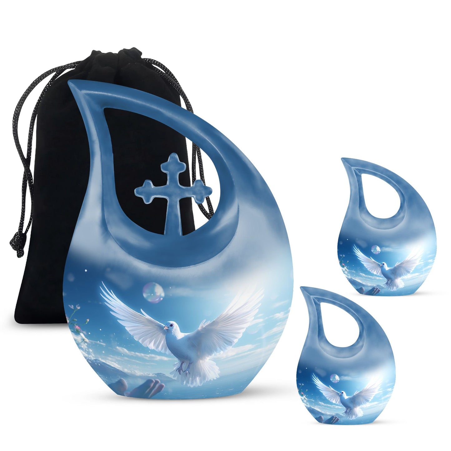 Blue 10-inch Dove Bird Urn with Cross Drop