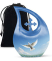 Blue Dove Bird Urn with Cross Drop design, Large 