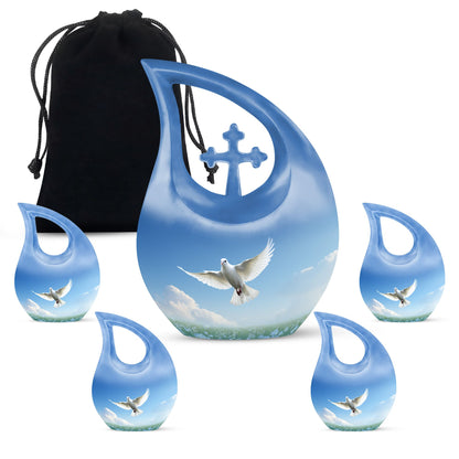 Blue Dove Bird Urn with Cross Drop design, Large 