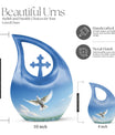 Blue Dove Bird Urn with Cross Drop design, Large 