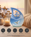 Blue Dove Bird Urn with Cross Drop design, Large 
