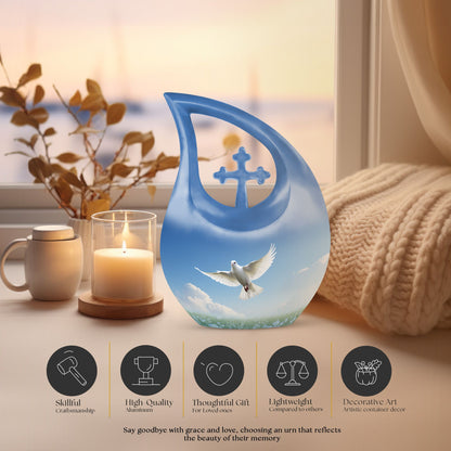 Blue Dove Bird Urn with Cross Drop design, Large 