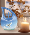 Blue Dove Bird Urn with Cross Drop design, Large 