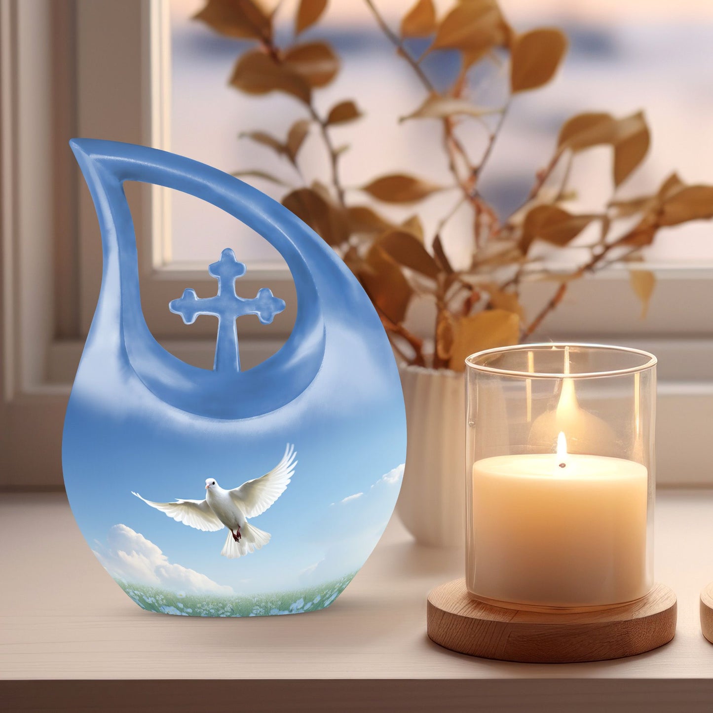 Blue Dove Bird Urn with Cross Drop design, Large 